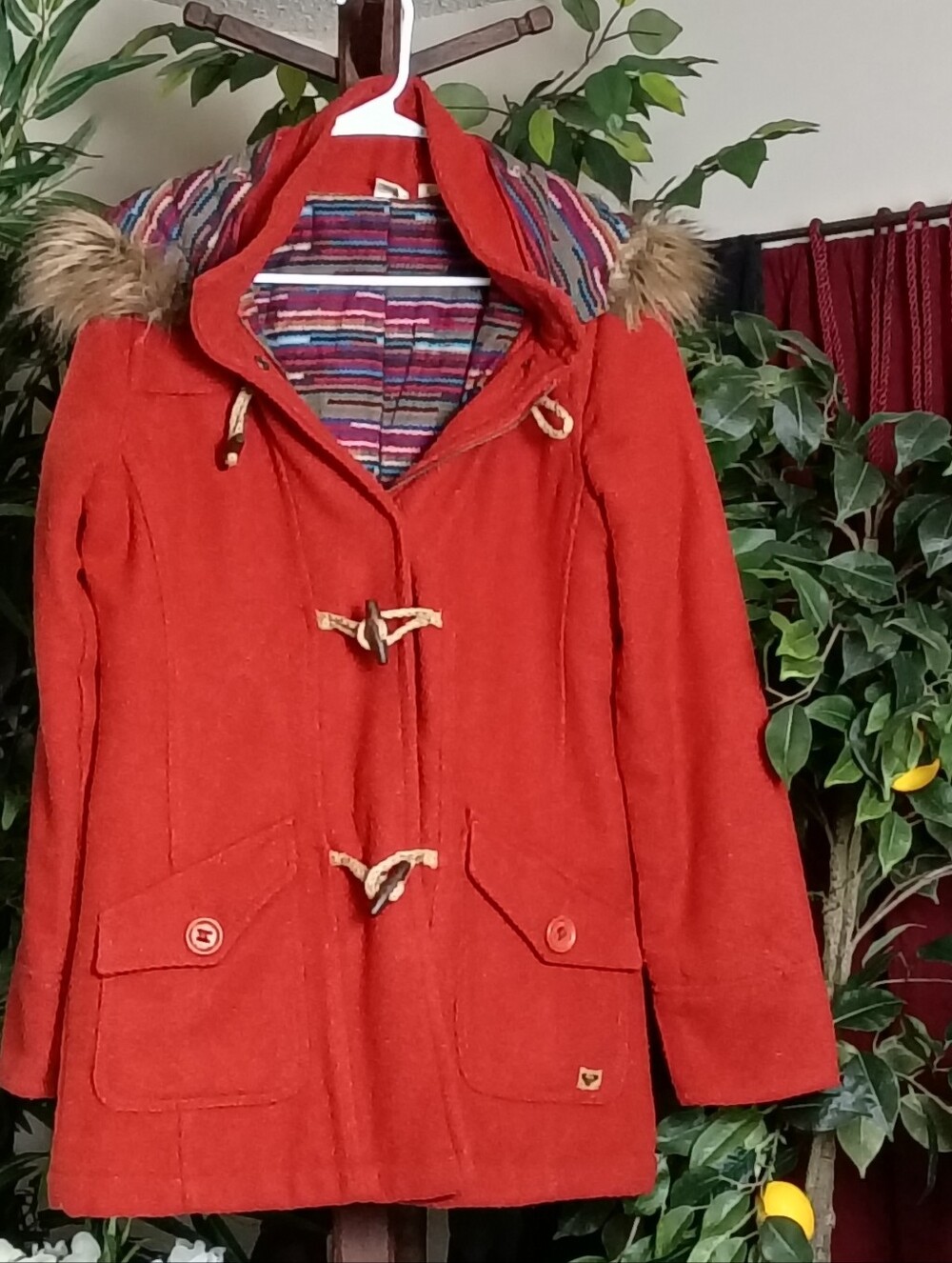 Roxy Women's Red Toggle Pea Coat with Faux Fur Trim